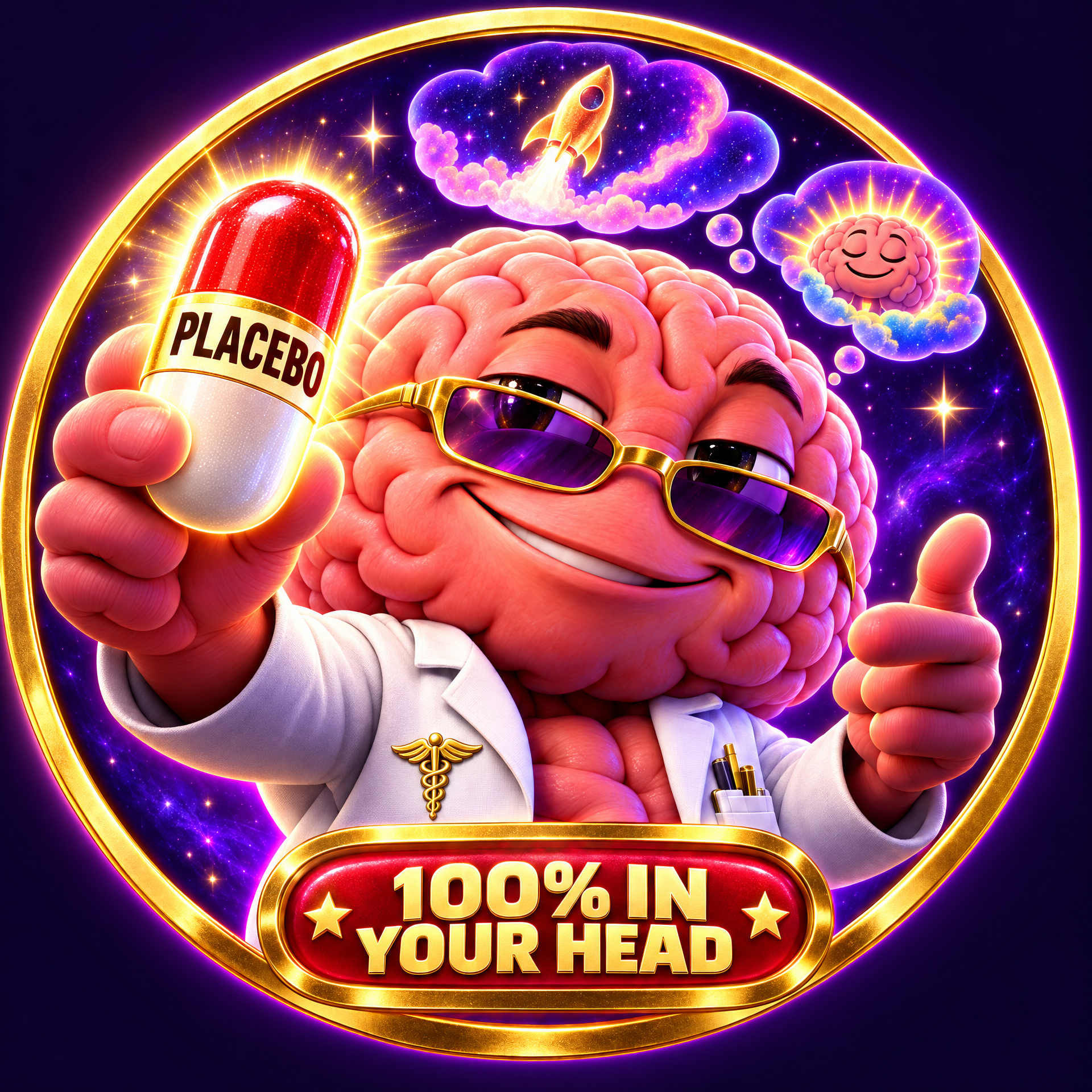 PLACEBO mascot: a brain in sunglasses and a lab coat holds a capsule labelled PLACEBO above a 100 percent in your head badge