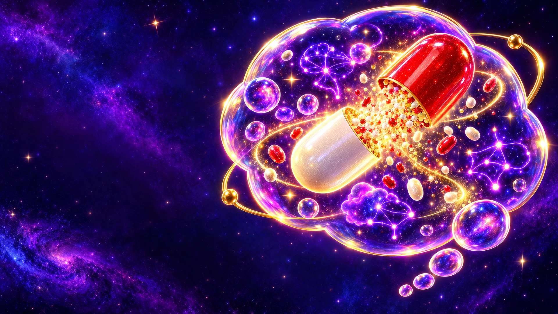 A glowing placebo capsule inside a glass thought bubble among cosmic neural sparks